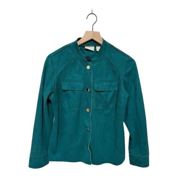 Chico’s Faux Suede Emerald Green Jacket Women’s XS | Gold Button Blazer - Picture 2 of 12